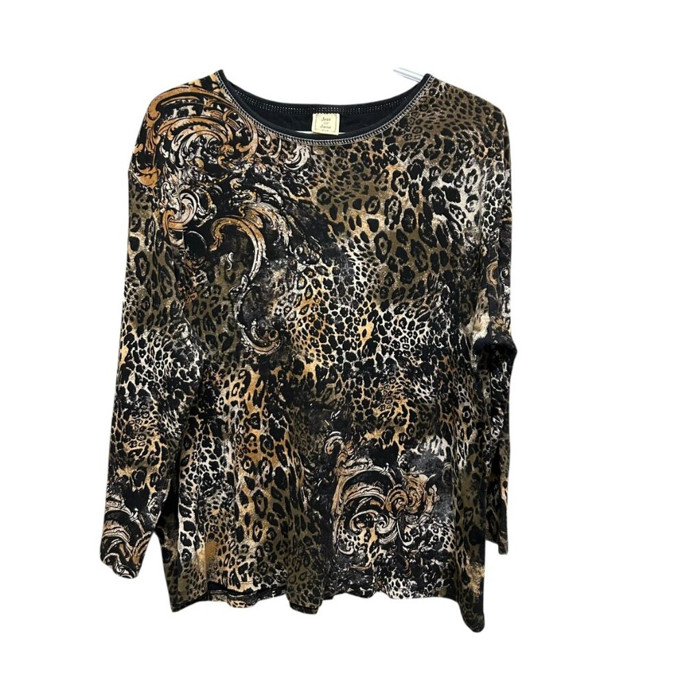 Jess & Jane Leopard Baroque Sequin Pullover Top Cotton 1X